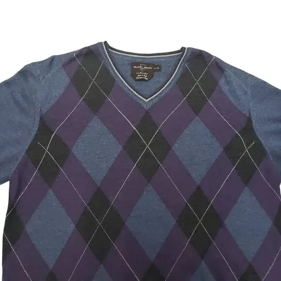 Black Brown 1826 Made in Italy 100% Merino Wool Argyle V-Neck Sweater Men XL - Picture 5 of 12